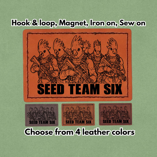SEED TEAM SIX - Leather Birb bird Meme Patch - Parrot Cockatoo - Magnet, Hook and Loop, Iron on and Sew on available in Magnet, Hook and Loop, Iron On and Sew On with four leather color options. Main product image.