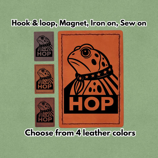 Portland Frog HOP - Ice Out - Leather Patch  - Magnet, Hook and Loop, Iron on and Sew on available in Magnet, Hook and Loop, Iron On and Sew On with four leather color options. Main product image.
