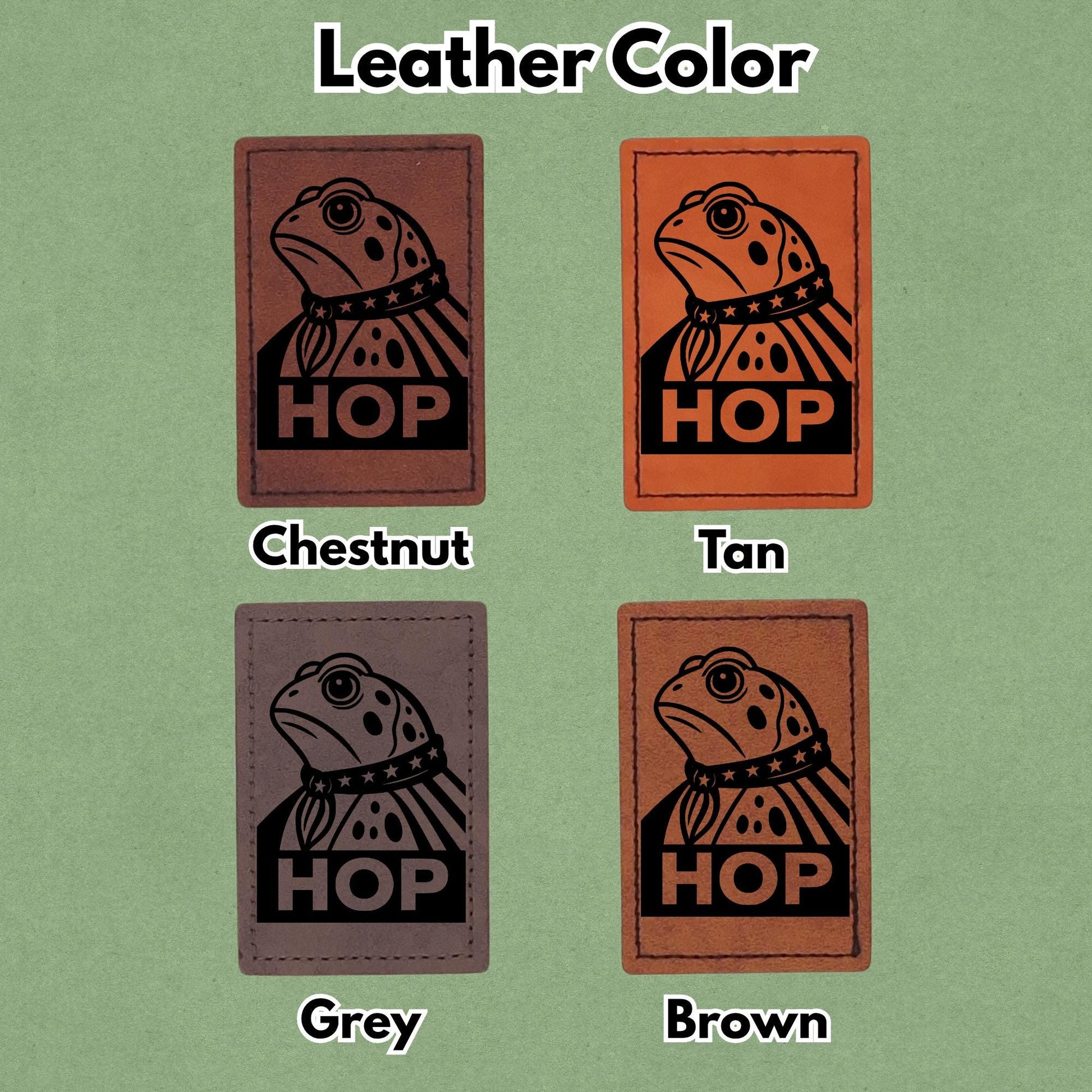 Portland Frog HOP - Ice Out - Leather Patch  - Magnet, Hook and Loop, Iron on and Sew on available in Magnet, Hook and Loop, Iron On and Sew On with four leather color options. Second product image showing the 4 available leather colors; chestnut, tan, grey, and brown with magnetic and iron on options.