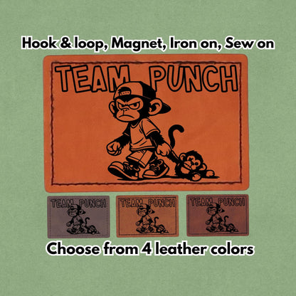 Team Punch - Leather Patch - Magnet, Hook and Loop, Iron on and Sew on available in Magnet, Hook and Loop, Iron On and Sew On with four leather color options. Main product image.