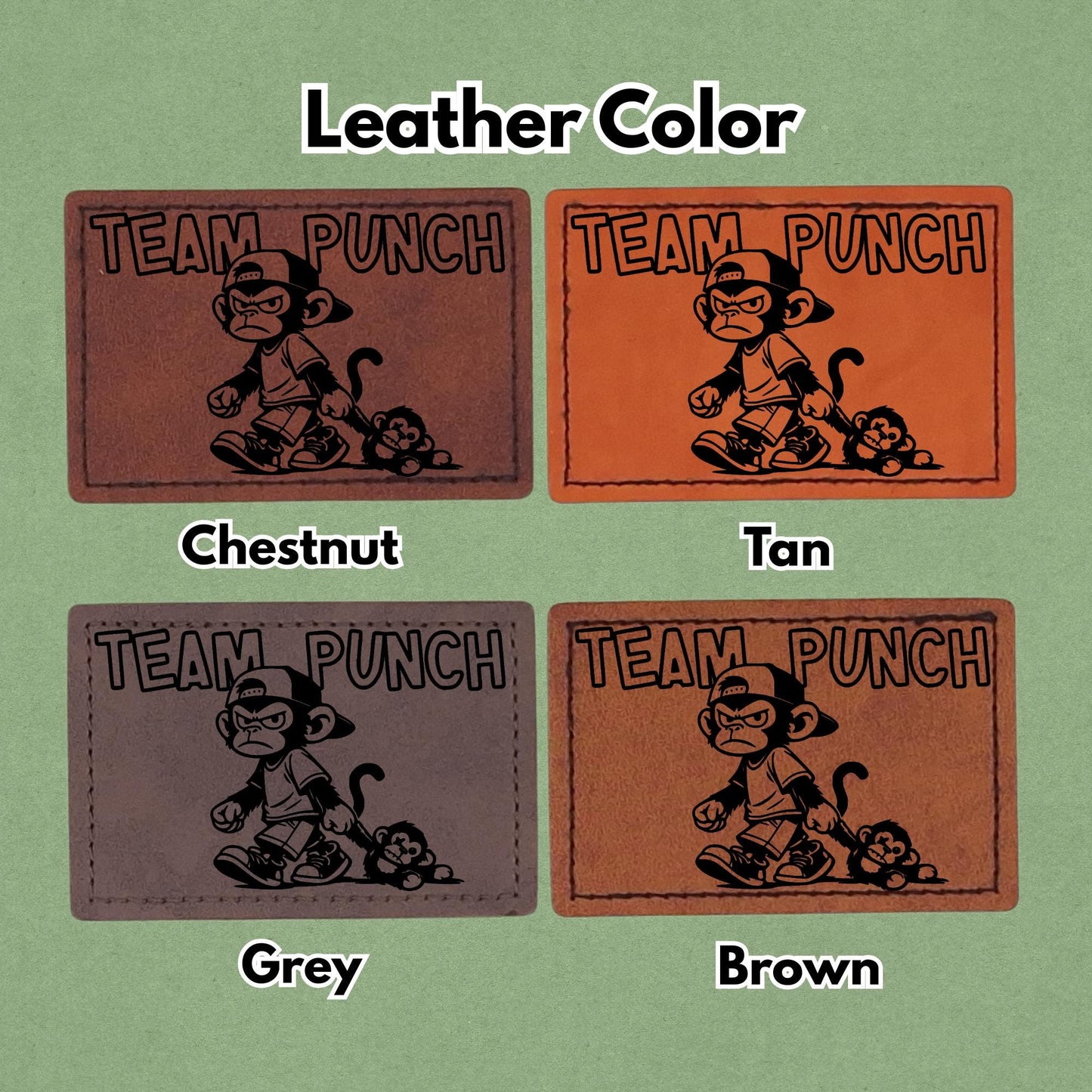 Team Punch - Leather Patch - Magnet, Hook and Loop, Iron on and Sew on available in Magnet, Hook and Loop, Iron On and Sew On with four leather color options. Second product image showing the 4 available leather colors; chestnut, tan, grey, and brown with magnetic and iron on options.